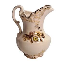 Vintage Transferware Pitcher Gold Sponge Paint Accents Sunflowers Floral